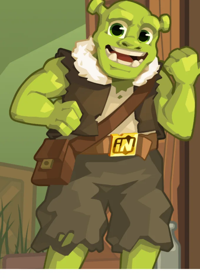O goblin verde e sorridente do jogo, com sacola de couro ao ombro, encostado à porta de tábuas da sua torre.